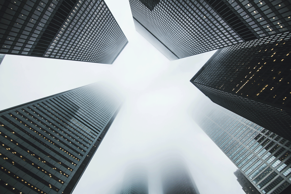 Skyscrapers on a foggy day.