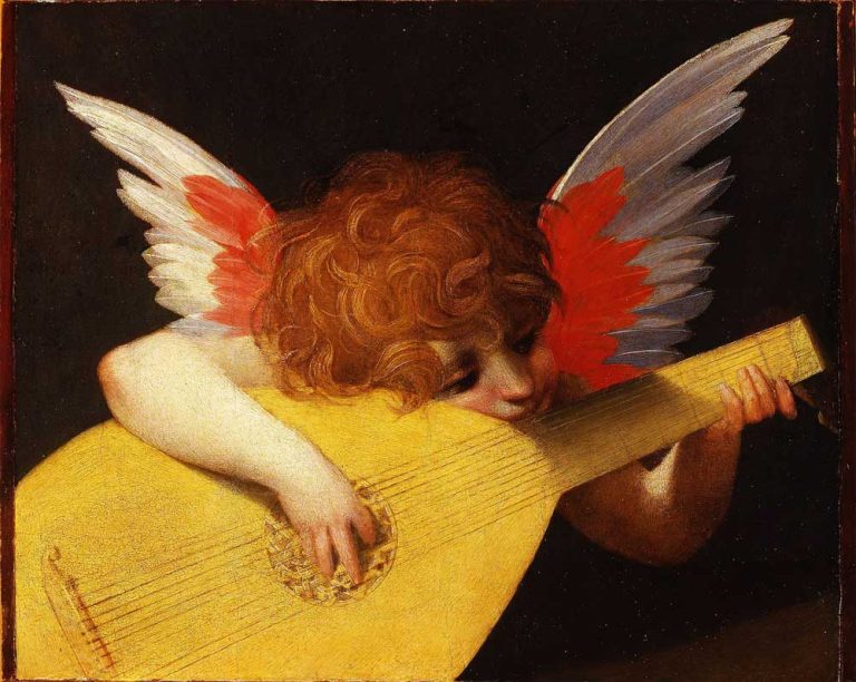 Cherub playing a lute.